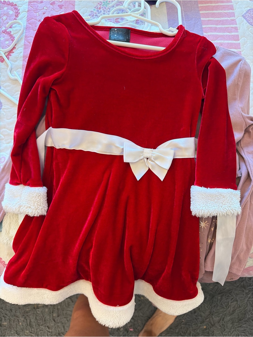 Red Velvet Girls Holiday Dress with White Bow
